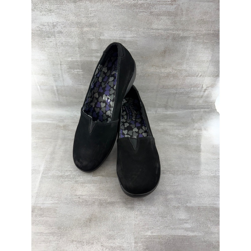 Skechers Flexibles 48669 Black Leather Memory Foam Wedge Loafers Women Sz 8